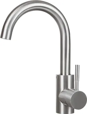A stainless steel faucet on a white background.