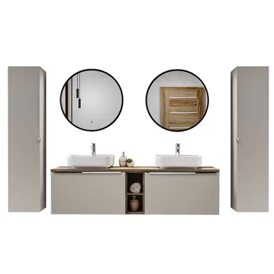 Produktbild von Badezimmermöbel Komplett Set PUEBLA-56-TAUPE in taupe mit Vintage Oak Eiche, B/H/T 270/200/46 cm
