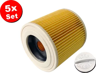 A cylindrical air filter with yellow pleats and white end caps, on a white background.
