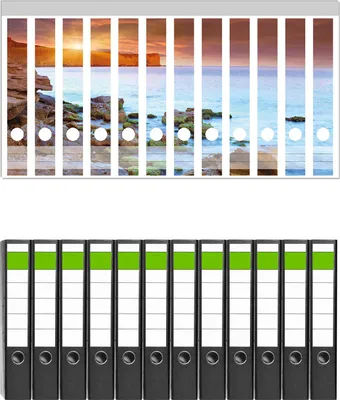 Produktbild von Wallario 12 Stück schmale Ordner inkl. Klebeetiketten mit Motive Sonnenaufgang am Meer mit Landzunge und Felsen im Wasser -  Set mit Rückenschildern / Ordnerrücken Stickern