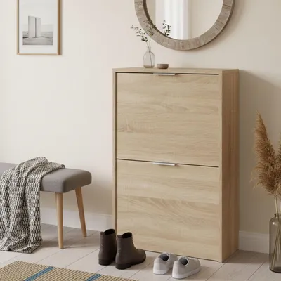 Produktbild von Schuhregal Dmoretto, Platzsparendes Schuhregal mit 2 Türen, Schuhregal für den Eingangsbereich, Schuhregal für Garderobe, 50x22h76 cm, Eiche