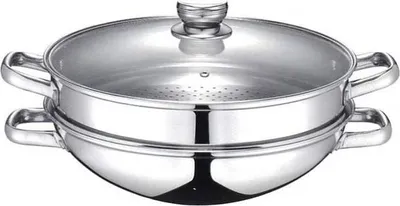 Produktbild von Wok, 32 cm, Edelstahl, Inkl. Dampfkorb und Gemüsesieb, Glasdeckel, Für alle Herdarten inkl. Induktion, BAUMALU