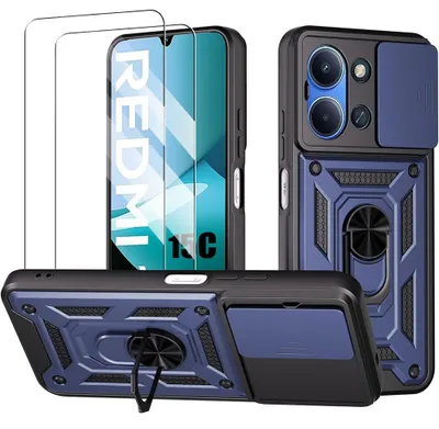Image de Coque + 2 Verres Trempés pour Xiaomi Redmi 15C 4G/5G, Protection avec Cache Caméra Anti-Rayures Rigide - Bleu Marine