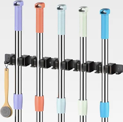 Produktbild von 5 Schlitzen Besenhalterung Wand mit 2 Haken, Besenhalter aus Edelstahl, Robuster Wandhalterung Besen für Badezimmer, Küche, Schrank, Garten und Garage, Werkzeugaufbewahrung, Schwarz