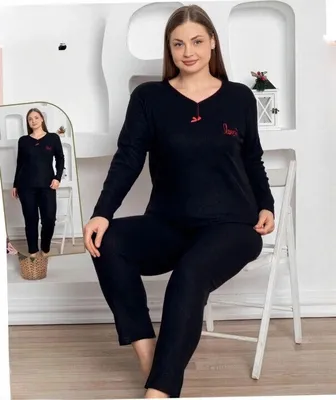 Produktbild von Damen Große Größen Pyjama Schlafanzug Schwarz XXL Baumwolle 2-Teiler Set Warm Winter S-84
