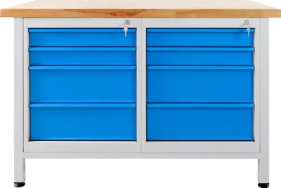 Produktbild von ADB Werkbank mit Holz Arbeitsplatte und 8 Schubladen B 1200 x T 600  x H 840