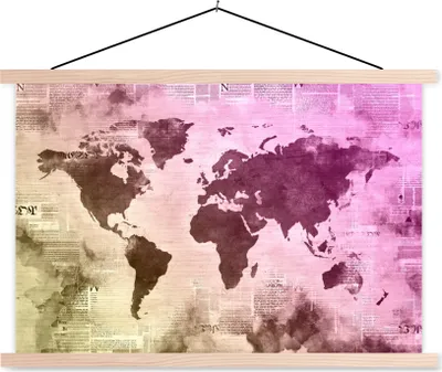 Produktbild von MuchoWow® Textilposter Weltkarte - Gelb - Lila 60x40 cm mit holzfarbenen Rahmen - Bilder