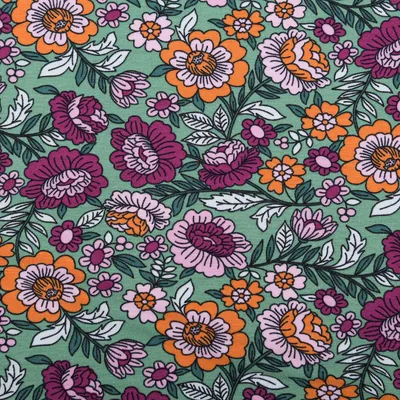 Produktbild von Jerseystoff Meterware FLOWERS Blumen Blätter grün bunt 1,5m