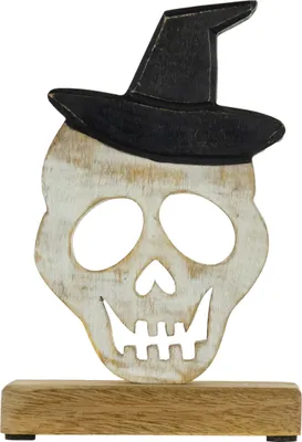 Produktbild von Totenkopf mit Hexenhut aus Holz im Urban Look 23cm