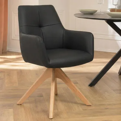 Produktbild von riess-ambiente Drehbarer Stuhl ALMARA schwarz natur Echtleder Eiche Massivholz 360° Esszimmerstuhl