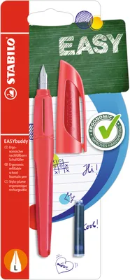 Produktbild von Schulfüller mit Linkshänder-Feder L - STABILO EASYbuddy in koralle/rot - Schreibfarbe blau (löschbar) - Einzelstift - inklusive Patrone