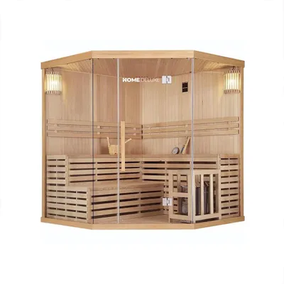 Produktbild von HOME DELUXE - Traditionelle Sauna - Skyline XL Big - 200 x 200 x 210 cm - für 2-6 Personen, Hemlocktanne, inkl. Saunaofen, Saunazubehör I Dampfsauna Aufgusssauna Finnische Sauna  Sauna