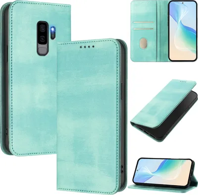 Image de Étui pour Samsung Galaxy S9 Plus, étui en cuir vintage avec protection RFID, fentes pour cartes, support Turquoise