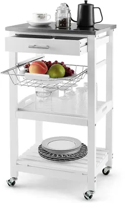Productafbeelding van Ibenzoa® Kleine keukentrolley met een roestvrijstalen werkblad, een uitschuifbare lade, een metalen mand, een afneembare serveerschaal en 4 x 360° wielen (waarvan 2 met rem) – stevig houten frame