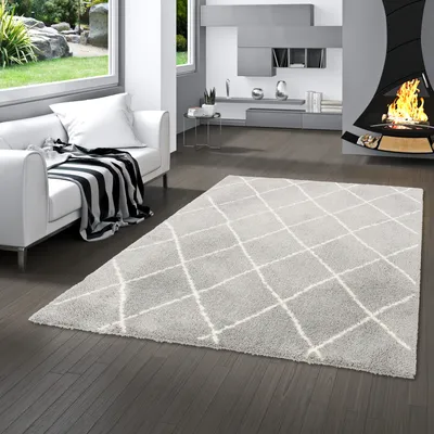 Produktbild von Luxus Shaggy Hochflorteppich Silky Soft Modern Rauten Grau, Größe:80x150 cm