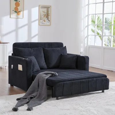 Produktbild von Schlafsofa, ausziehbares Klappsofa, als Sofa oder Bett, mit Aufbewahrungstaschen an den Armlehnen, Chenille, mit USB und Getränkehaltern, Schwarz