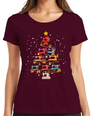 Produktbild von Nähmaschine Weihnachten Tannenbaum Schneeflocken Handwerk Geschenk Damen T-Shirt, Burgundy, L