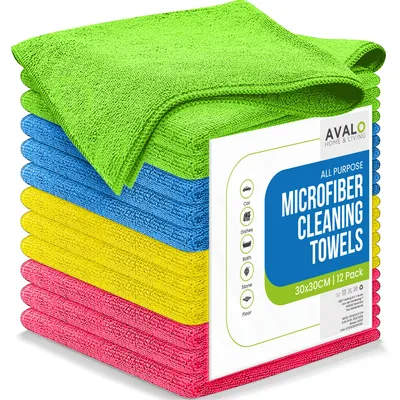 Productafbeelding van Avalo Microvezeldoekjes - 12 Stuks 30 x 30 cm - Wasbaar - Schoonmaakdoekjes - Schoonmaak / Auto