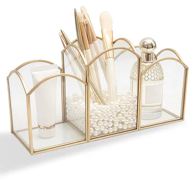 Produktbild von Goldener Make-up-Pinselhalter, Glasbehälter für Kosmetikpinsel, Aufbewahrung für Make-up-Pinsel, Make-up-Pinselhalter für den Schminktisch - Organizer für Make-up-Pinsel, Eyeliner und Mascara.