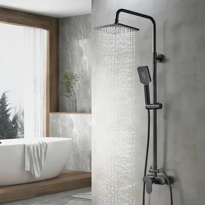 Produktbild von Duschsystem mit Duscharmatur Schwarz, Regendusche Höhenverstellbar, Duschamaturenset inkl Mischbatterie Dusche, Kopfbrause, Handbrause, Brausestange und Schlauch, Duschset mit Armatur