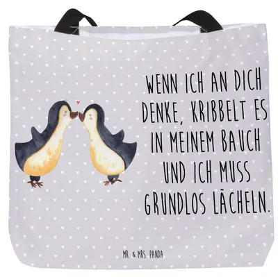 Produktbild von Mr. & Mrs. Panda Tote Bag Pinguine Kuss - Grau Pastell - Geschenk, Valentinstag, Einkaufstasche, Hochzeitstag, für Frauen, Partner, Reisetasche, Beutel, Freundin, Tasche