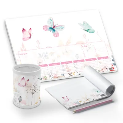 Produktbild von itenga Schreibtisch-Set Schmetterling 3-teilig Schreibtischunterlage Stifteköcher Notizblock