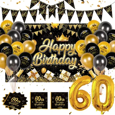 60. Geburtstag Dekoration Set Schwarz Gold – Hintergrundtuch, Banner, Ballons