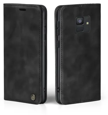 A black flip case for a smartphone is shown from two angles.