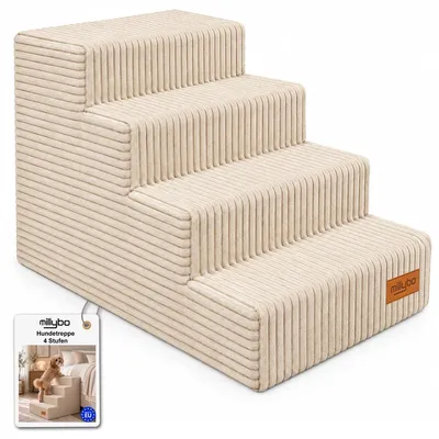 Produktbild von MILLYBO Hundetreppe aus Cord – Haustiertreppe für Hunde & Katzen, 4-stufig, abnehmbarer Bezug: Beige
