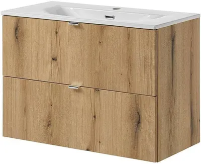 Produktbild von Badmöbel Skelbolu Waschtisch mit Unterschrank Badezimmerschrank 80 x 57 x 39 cm Waschbecken mit Unterschrank 2 Schubladen Badschrank Waschtischunterschrank hängend Eicheoptik