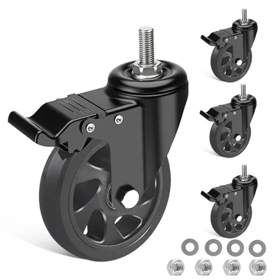 Immagine prodotto di Ruote girevoli da 125 mm con freno - Set di 4 ruote girevoli - Ruote per mobili con filettatura M10 - Ruote robuste - Rotazione a 360° - Capacità di carico fino a 700 kg