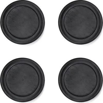Four black rubber vibration dampeners are arranged in a two-by-two grid on a white background.