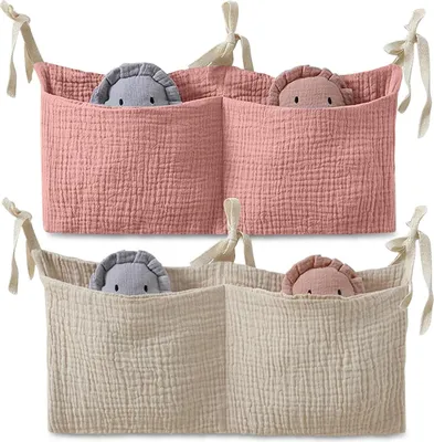 Produktbild von 2 Stücke Babybett Organizer Hängend, 2-in-1 Baby Kinderzimmer Organizer Aufhängen Babybett Verstellbarer Organizer für Windeln Kleidung Spielzeug Hängeorganizer Babybetttasche(Rosa+Khaki)