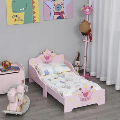 Produktbild von Sweiko Kinderbett mit Prinzessinnen-Motiv mit Rausfallschutz für 3–6 Jahre, Mädchenbett, Holzbett für Kinderzimmer, Pappelholz, 143 x 73 x 60 cm