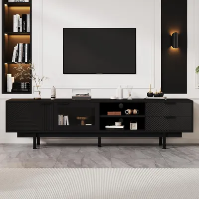 Image de Parrot Uncle Meuble TV pour téléviseur jusqu'à 80 pouces, 2 portes et 2 tiroirs, support TV avec grand espace de rangement, capacité de charge de 45kg, 200*40*50.5 cm