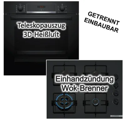Produktbild von Bosch Herdset Backofen 3DHeißluft Hydrolyse EcoClean Teleskopauszug + Gaskochfeld Wokbrenner Zündsicherung