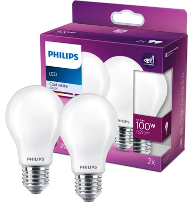 Produktbild von Philips Filament-Lampe Milchglas 100W A60 E27 x2, 10,5 W, 100 W, E27, 1521 lm, 15000 h, Kaltweiße