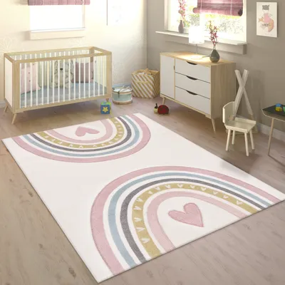 Produktbild von Kinderteppich Teppich Kinderzimmer Junge Mädchen Regenbogen Herz 3D Creme Rosa Grösse 240x340 cm