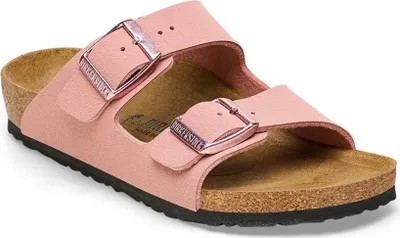 A single pink Birkenstock sandal is shown from a slightly elevated side angle against a white background.