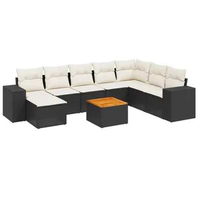 Produktbild von Modulares Garten-Sofa Set 9-tlg., Lounge-Garnitur mit Stauraum, PE-Rattan Schwarz, Akazienholz Tisch, Cremeweiße Kissen