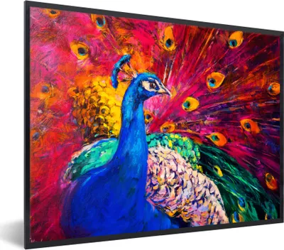 Produktbild von MuchoWow® Gerahmtes Poster Gemälde - Vogel - Pfau - Ölgemälde 80x60 cm - Poster mit Schwarzem Bilderrahmen Wandposter Rahmen Foto Bilder - Schwarzem - Mit Gestell