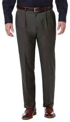 Immagine prodotto di Pantaloni da uomo Haggar, modello classico, vestibilità comoda, con pieghe sul davanti, taglie regolari e taglie grandi/alte