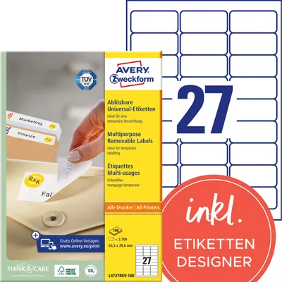 Produktbild von Avery Zweckform L4737REV-100 Universal-Etiketten, 63,5 x 29,6 mm, 100 Blatt/2.700 Etiketten, weiß