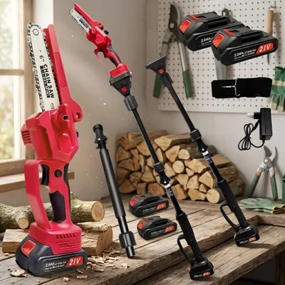 Obrázok produktu pre Akumulátorová teleskopická vyvetvovacia píla AIORBER 4 v 1 s batériou 2x 21 V, 500 W, dosah 13 stôp, viac uhlov, na prerezávanie a údržbu záhrady, červená