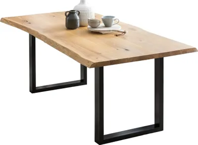 Produktbild von SalesFever Esstisch Baumkante | 140 x 80 cm | Tischplatte Eichenholz massiv | Gestell Metall schwarz | B 140 x T 80 x H 75 cm | natur