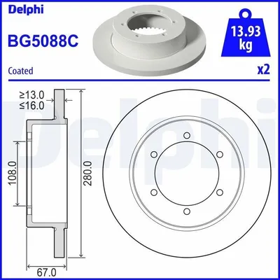 Produktbild von 2x DELPHI Bremsscheibe BG5088C für NISSAN Cabstar (F24M F24W) 67mm 280mm