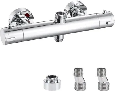 Productafbeelding van Unyqoos® Thermostatische douchearmatuur met veiligheidsvergrendeling op 38°C, dubbele uitloop voor regendouche en handdouche, verchroomd roestvrij staal