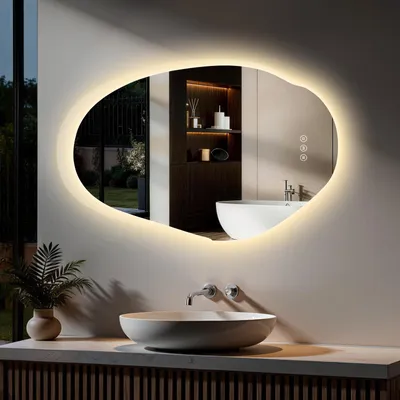 Imagen del producto de S'AFIELINA Espejo Baño LED 55 × 85 cm, Asimétrico, Sin Marco, Retroiluminado,3 colores de luz, intensidad regulable, antivaho y memoria