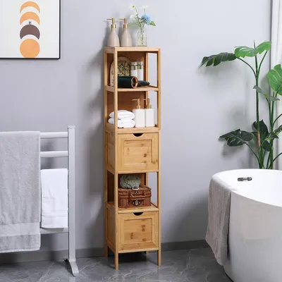 Produktbild von SUGIFT Badezimmerschrank Bambus mit 2 Schubladen, 3 offene Regale, Hochschrank schmal Naturholz, Natur | 30 x 30 x 140 cm | 12,5 kg | Kippschutz