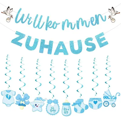 Productafbeelding van Decoratieset voor babyjongen: Slingers en 8 hangspiralen voor de geboorte, blauw, met glitter